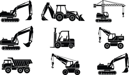 Construction machinery silhouette vector set with excavator crane forklift dump truck loader isolated industrial equipment icons collection for building projects © Afsana Creatives