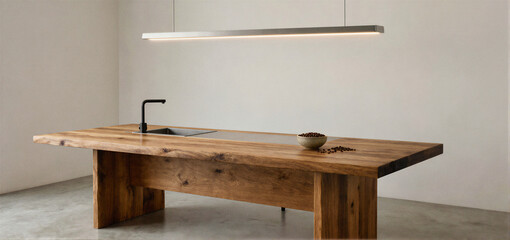 A modern kitchen island with a rustic wooden countertop, integrated sink, black faucet, and pendant light above.