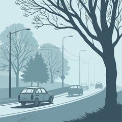 A serene illustration of a winding road flanked by bare trees and a softly blurred cityscape evoking calmness