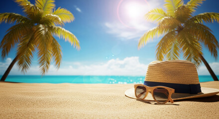 Summer beach vacation background with hat and sunglasses on sand, tropical sea view