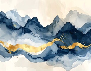 Abstract Watercolor Painting with Gold Accents.