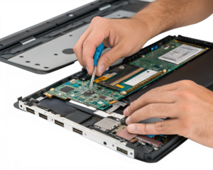 Technician repairing a laptop's internal components with a, transparent background