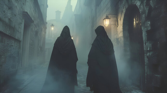 Plague doctors in misty alley scene with long robes and lantern light