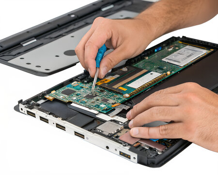 Technician repairing a laptop's internal components with a, transparent background