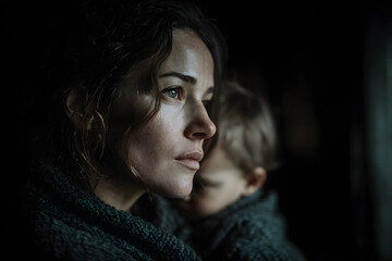Fototapeta premium Tired Mother Suffering from experiencing postnatal depression.Health care single mom motherhood stressful.