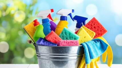 A metal bucket overflowing with cleaning supplies like spray bottles, sponges, and gloves