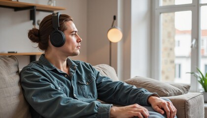 Young man relaxing on couch with headphones, enjoying music in cozy living room. Calm atmosphere created by natural light and modern decor enhances leisure time for peaceful moments.