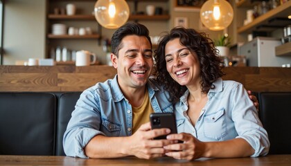 Happy couple enjoying time together while looking at smartphone in cozy cafe. Couple shares laughter and bonding moments in modern coffee shop. Concept of love, relationship and leisure time.