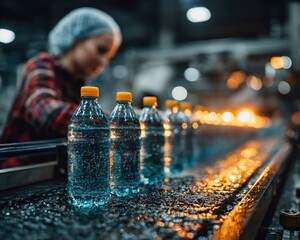 Female worker in sterile factory setting inspecting bottled water on production line