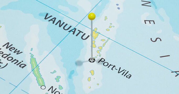 A zoom out of a yellow pin into port vila city of vanuatu political map