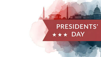 Presidents Day banner with Washington D C skyline and watercolor background president day 2026 America