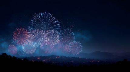 Festive Fireworks Spectacle: A vibrant display of fireworks explodes across the night sky, illuminating the silhouette of a landscape and creating a dazzling spectacle of color and light.
