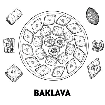 Baklava sketch. Maghreb food. Maghrebi cuisine. Vector drawing illustration. Top view.