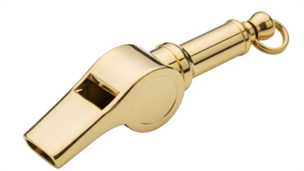 Shiny brass referee whistle with keyring isolated on transparent background