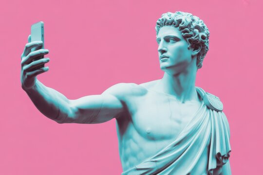 A classical marble sculpture of a figure holding a smartphone against a pink background statue - Powered by Adobe