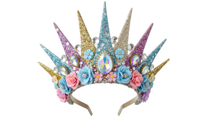Glittering mermaid crown headband with colorful spikes and pastel flowers, fantasy costume accessory for festivals and parties isolated on transparent background