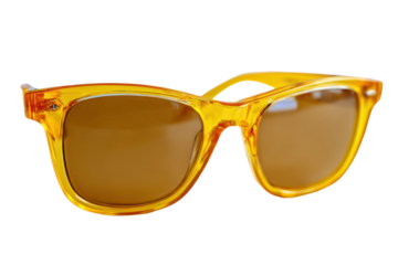 Sunglasses with yellow frames and brown lenses on a plain background in a well-lit setting