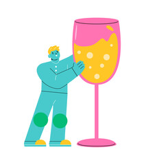 Man holding a giant champagne glass. Colorful vector illustration