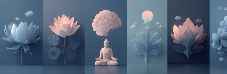 mindfulness / meditation / relaxation concept – connected icons related to mindful living, awareness, stress-relief - vector illustration