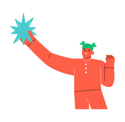New idea concept. Woman holding star in hand. Colorful vector illustration