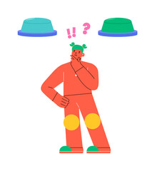 Woman choosing button to push. Concept of difficult choice between two options. Colorful vector illustration