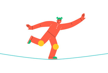 Woman walking on balancing slackline rope. Colorful vector illustration