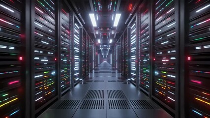Futuristic data center corridor with glowing server racks - Powered by Adobe