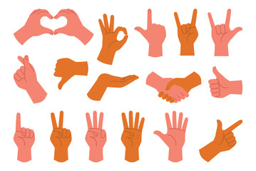 Set of hands with different gestures isolated on white background. Vector illustration in a flat style