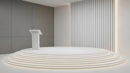 Modern stage setup with white podium and concentric platforms ready for event