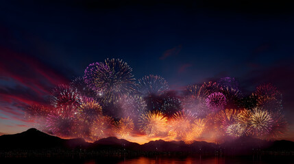 Fireworks Extravaganza: A breathtaking display of vibrant fireworks paints the twilight sky, exploding in a kaleidoscope of colors against the backdrop of a serene landscape.