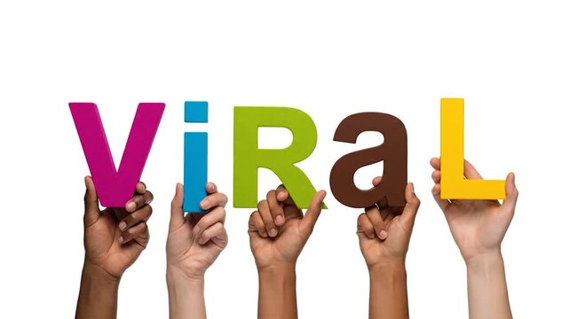 Hands Holding Colorful 3D Letters Spelling &ldquo;VIRAL&rdquo;, Social Media & Content Sharing Concept, 4K Studio Shot for Marketing Campaigns