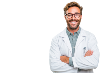 Smiling male doctor stands with arms crossed in a white coat against a plain background