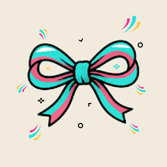 Halftone pop art dot blue and pink ribbon bow with decorative confetti elements for celebration vector illustration