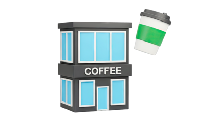 Coffee Shop with Coffee Cup Floating - Illustration