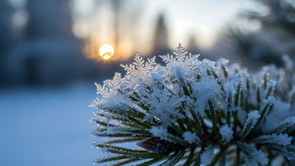 Frosty pine branches with snowflakes at sunrise or sunset in winter landscape with blurred background and warm sunlight