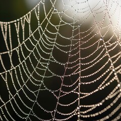 Dewy spider web glistens in morning sunlight.