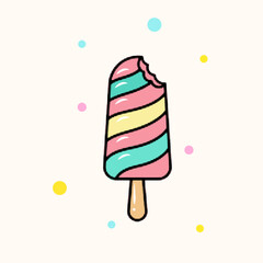 Halftone pop art dot colorful twisted popsicle ice cream bar with bite taken and confetti vector illustration