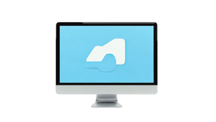 Computer monitor displaying a blue screen with a white abstract icon