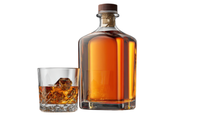 Bottle and glass of whiskey filled with amber liquid on a plain background