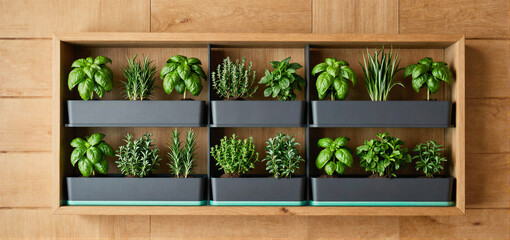 A wooden wall-mounted planter box with six black rectangular pots containing various green herbs such as basil and rosemary.