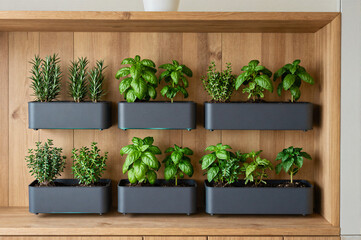 Six black rectangular planters mounted on a wooden wall, each containing various green herbs such as basil and rosemary.