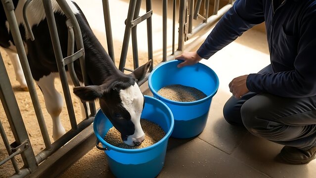 Farmer Feeding Calf in a Barn with Buckets of Feed.