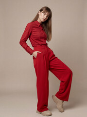Young woman wearing monochrome red outfit in studio portrait