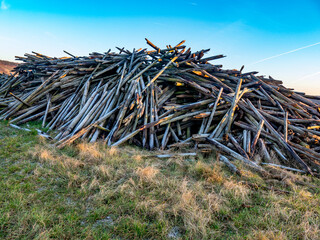 Ausgegrabene Weinbergspfähle auf einem Haufen am Abend