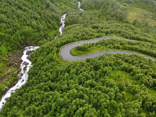 Norway road drone view. Old Austmannalia twisting mountain road in Haukeli Mountains.