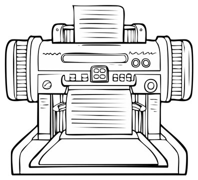 Line art of an old-fashioned machine spitting out sheets of paper for print media