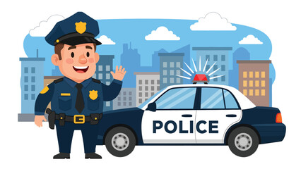 Modern vector illustration of police officer standing beside patrol car on city street, public safety and crime prevention concept © meeblues