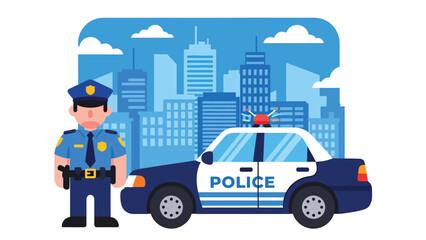 Modern vector illustration of police officer standing beside patrol car on city street, public safety and crime prevention concept © meeblues
