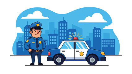 Modern vector illustration of police officer standing beside patrol car on city street, public safety and crime prevention concept © meeblues