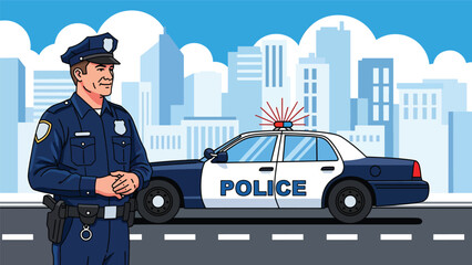 Modern vector illustration of police officer standing beside patrol car on city street, public safety and crime prevention concept © meeblues